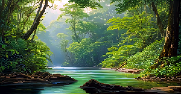 A vibrant Amazonian forest with sunlight filtering through trees, showcasing the Banisteriopsis caapi vine and blooming wildflowers by a flowing river.