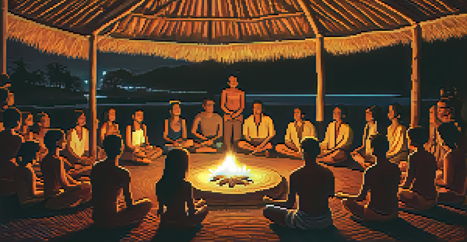 A group of people in a circle during an ayahuasca ceremony at night, illuminated by a ceremonial fire and surrounded by candles and decorations.