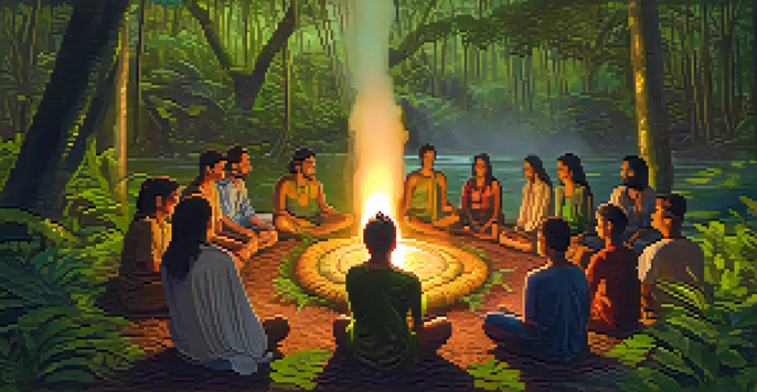 A tranquil setting of an Ayahuasca ceremony in the Amazon rainforest, with participants in a circle around a fire, illuminated by lantern light.