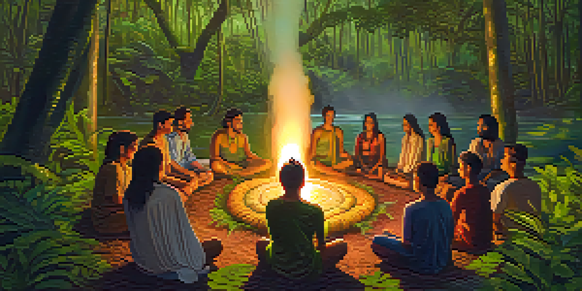 A tranquil setting of an Ayahuasca ceremony in the Amazon rainforest, with participants in a circle around a fire, illuminated by lantern light.