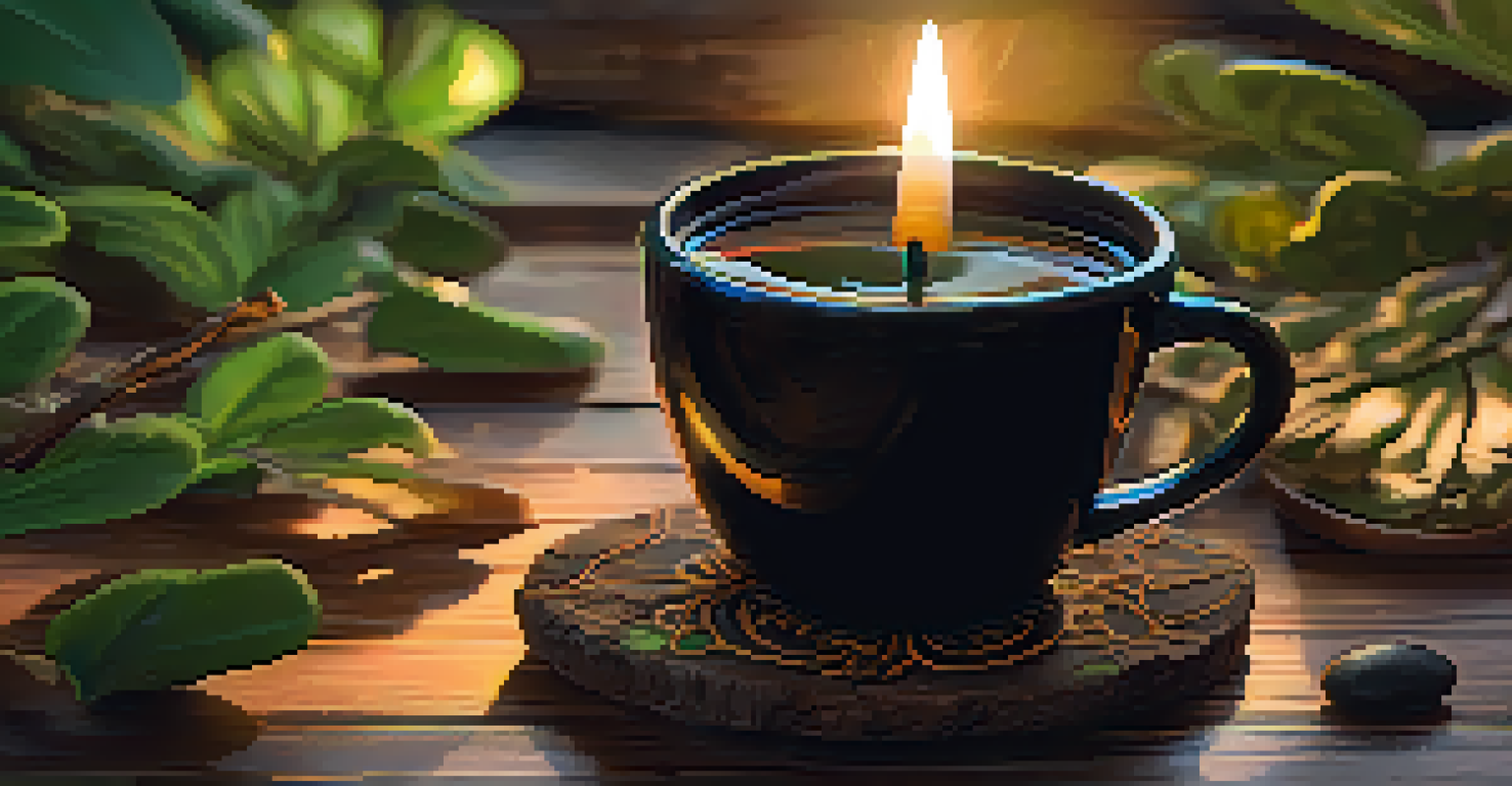 A close-up of a glass cup containing Ayahuasca brew on a wooden table, surrounded by leaves and stones, illuminated by soft candlelight.