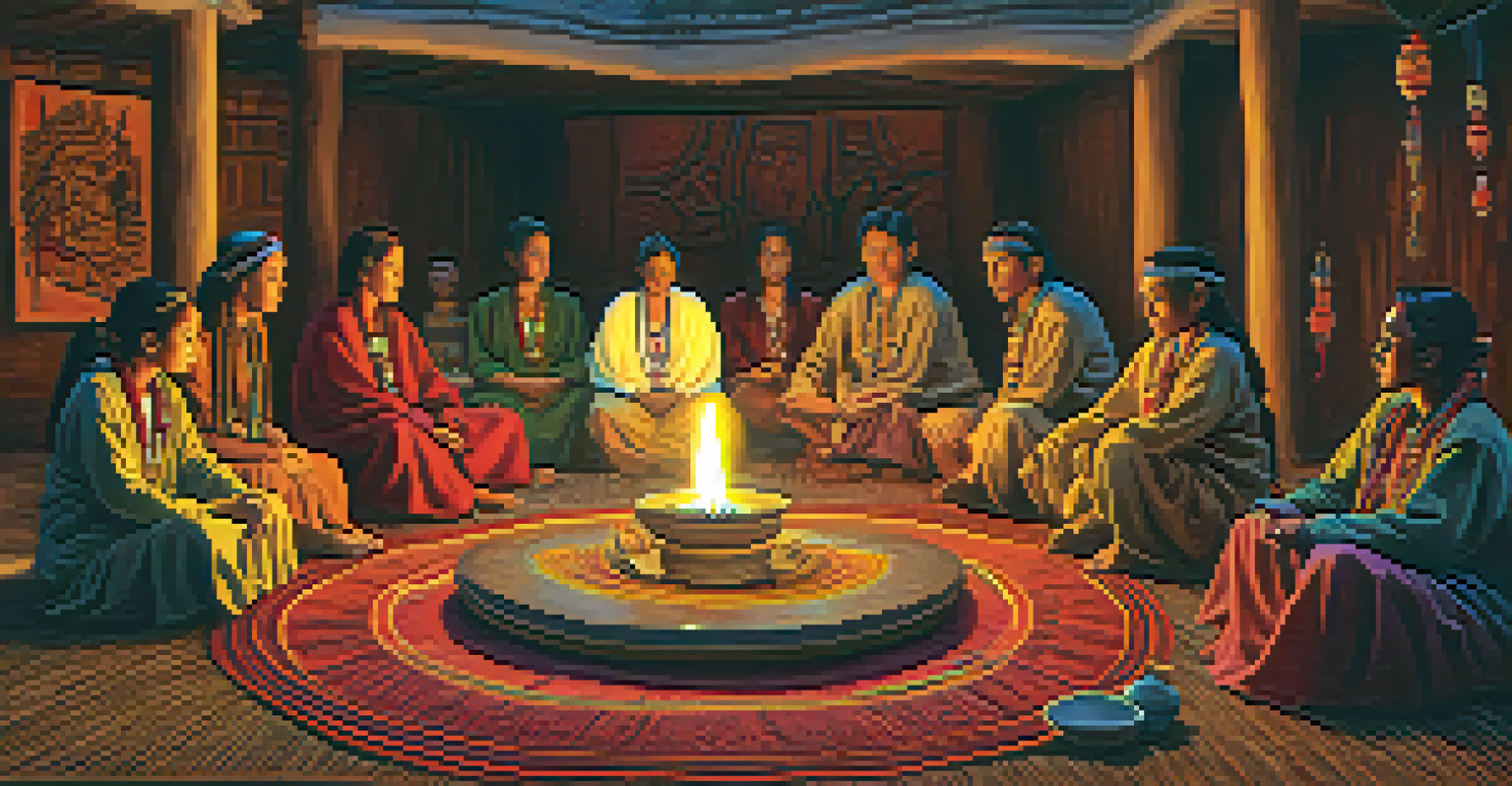 An Ayahuasca ceremony with participants sitting in a circle on woven mats, a shaman in traditional attire guiding the experience with candles in the background.