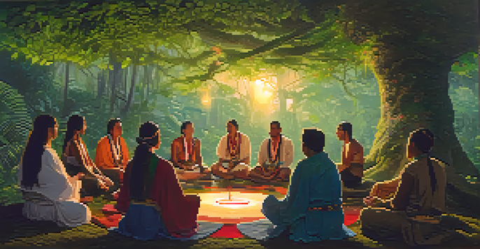 A tranquil Amazon rainforest at dusk, showing a ceremonial gathering with participants and a shaman under a large tree, surrounded by lush greenery.