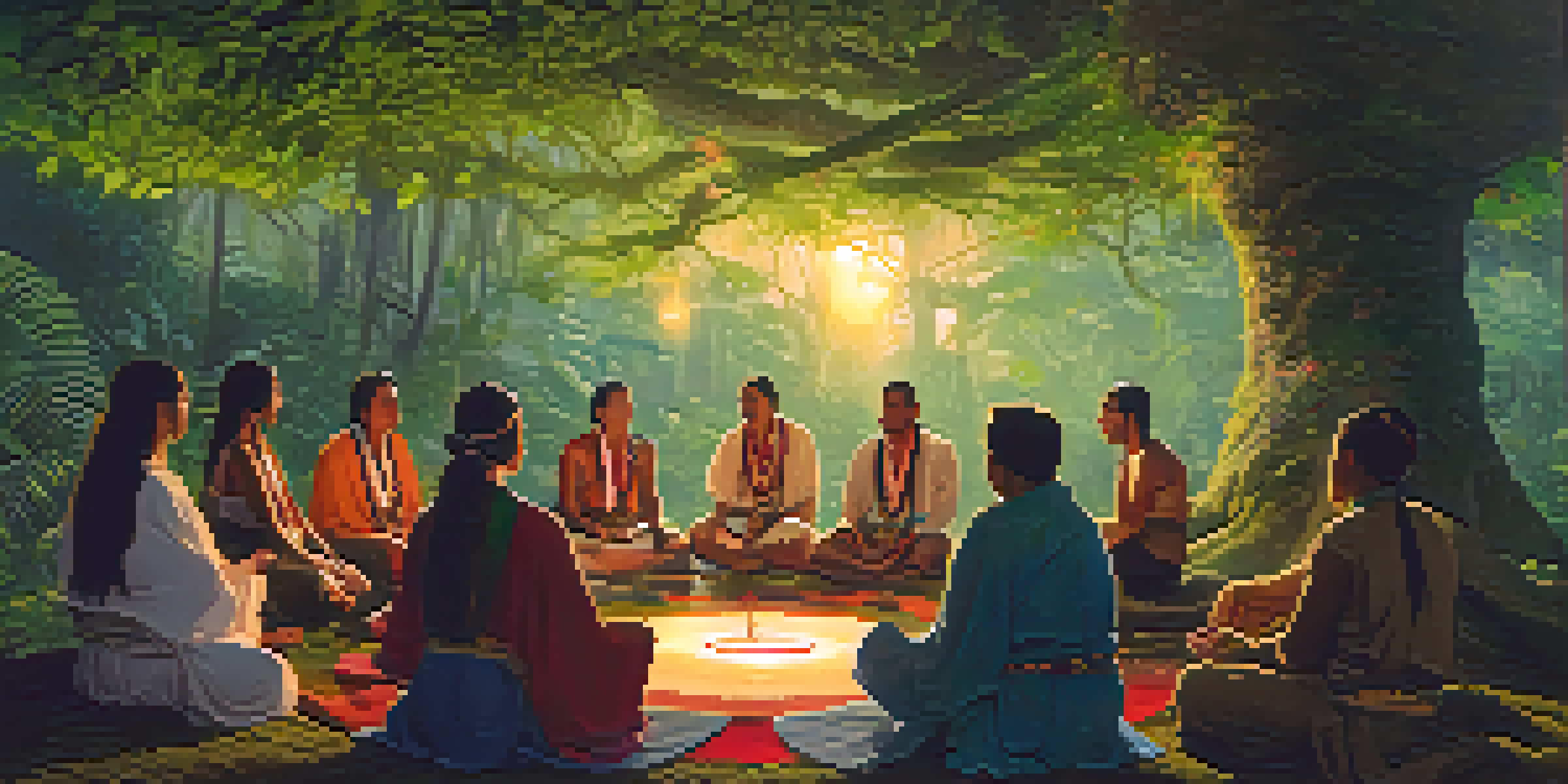 A tranquil Amazon rainforest at dusk, showing a ceremonial gathering with participants and a shaman under a large tree, surrounded by lush greenery.