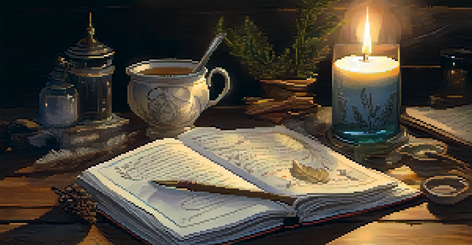 An open dream journal with handwritten notes and sketches, surrounded by candles and a cup of herbal tea.