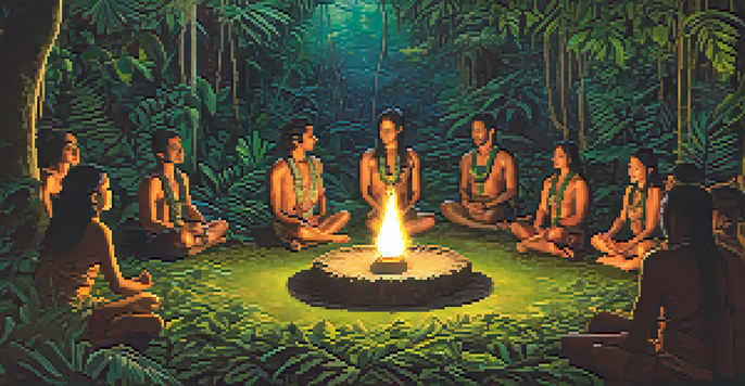 A peaceful ayahuasca ceremony taking place in a lush jungle, with participants in a circle and a shaman guiding them.