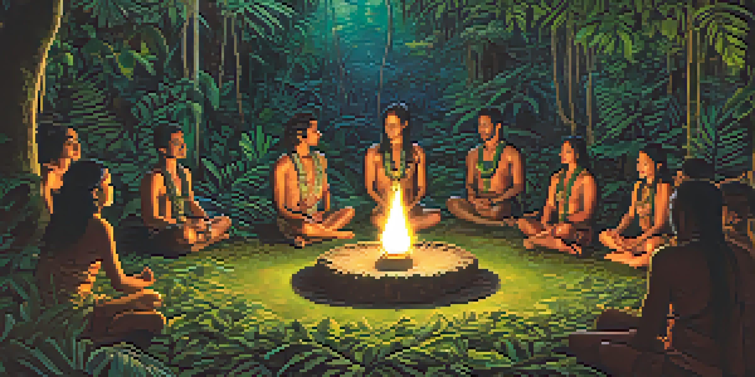 A peaceful ayahuasca ceremony taking place in a lush jungle, with participants in a circle and a shaman guiding them.