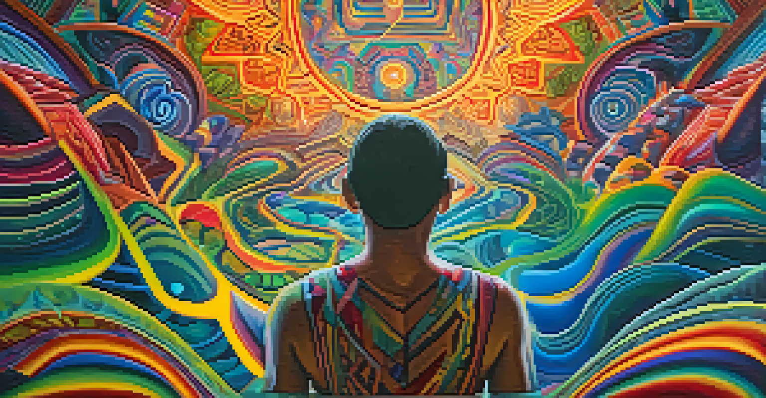 A person immersed in a colorful and abstract representation of their Ayahuasca journey, surrounded by vibrant patterns.