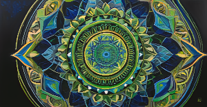 A colorful mandala with intricate geometric shapes in blue and green on a dark starry background, creating a sense of movement.
