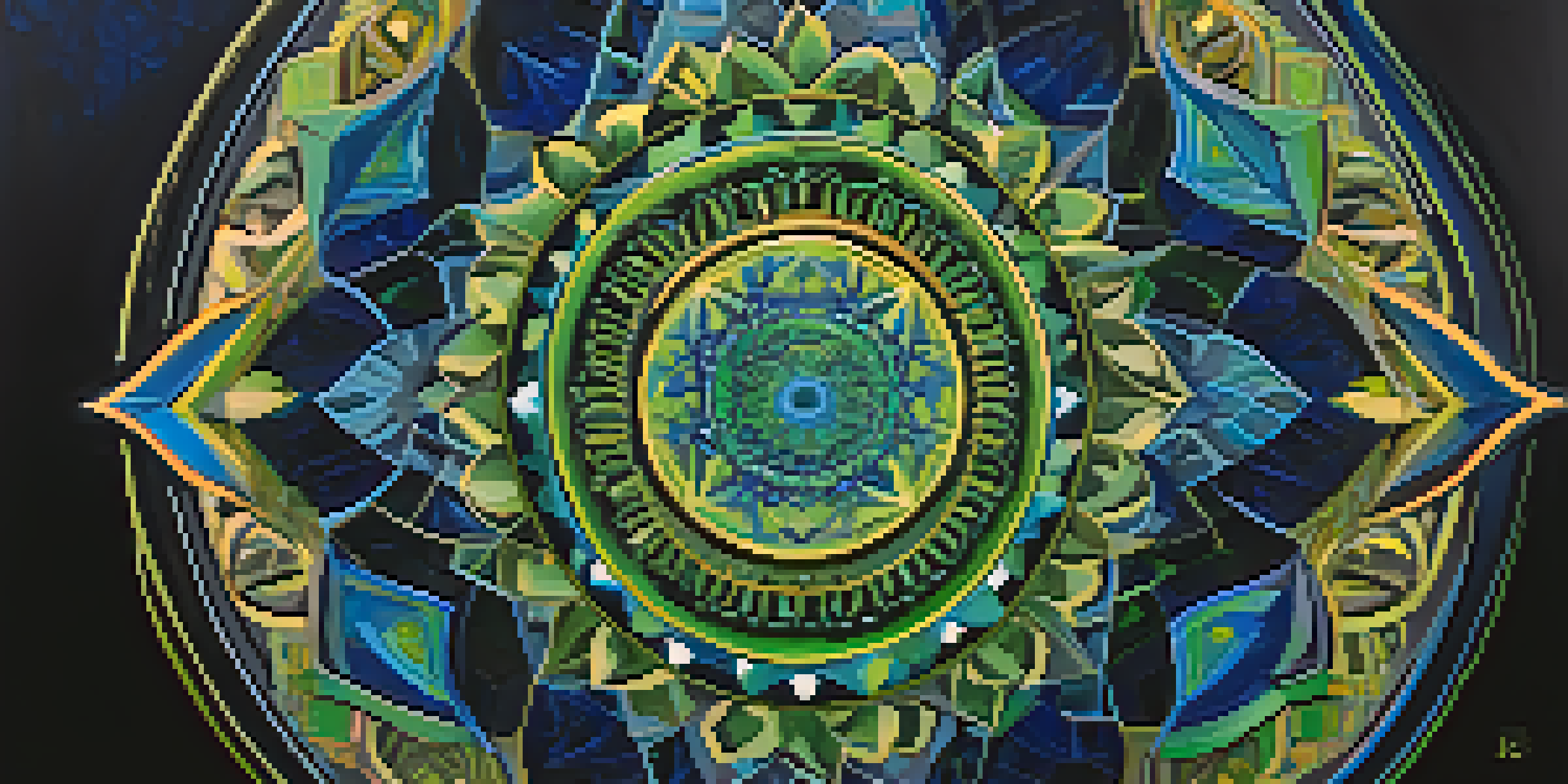 A colorful mandala with intricate geometric shapes in blue and green on a dark starry background, creating a sense of movement.