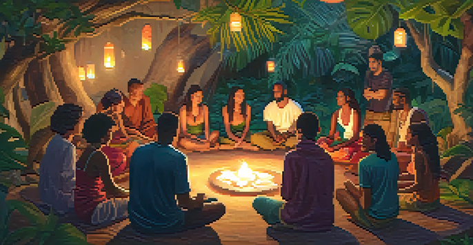 A diverse group of people sitting in a circle at an Ayahuasca retreat, sharing experiences in a serene and lush environment.