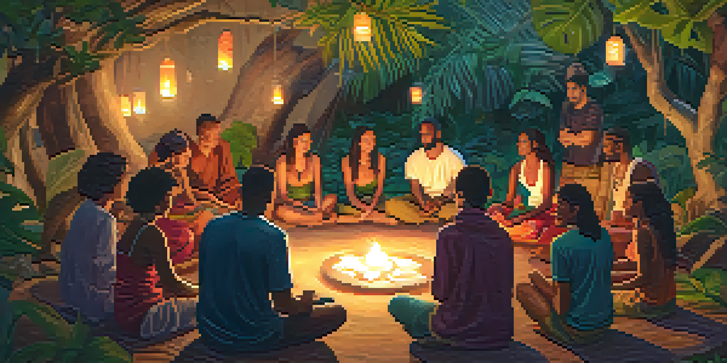 A diverse group of people sitting in a circle at an Ayahuasca retreat, sharing experiences in a serene and lush environment.