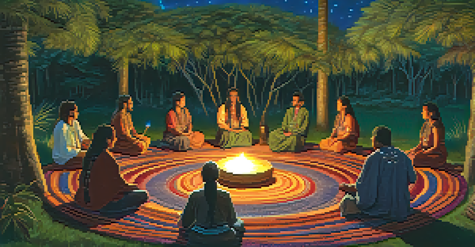 An intimate Ayahuasca ceremony under a starry sky with participants seated in a circle, illuminated by candlelight.