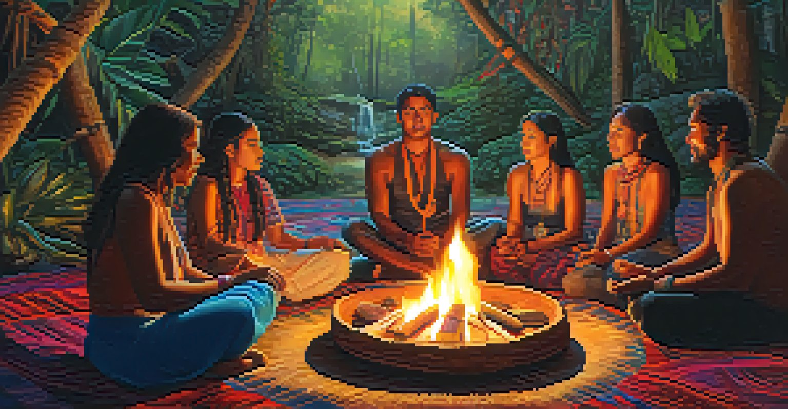 Participants in a circle during an Ayahuasca ceremony, illuminated by a fire, with a shaman singing and surrounded by colorful textiles.