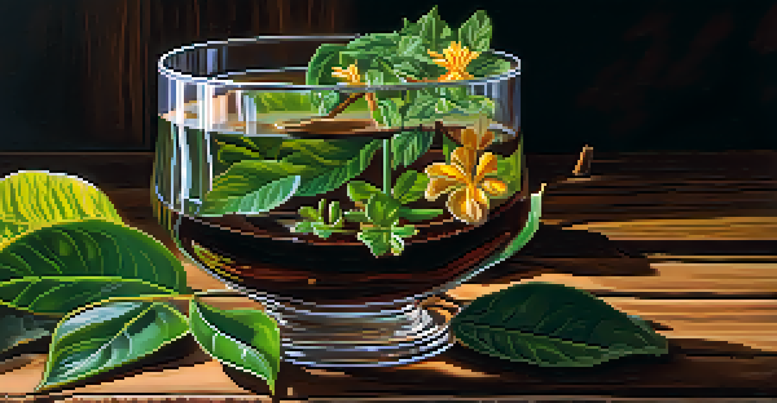 A close-up of a glass containing Ayahuasca brew, highlighting its deep brown color on a wooden table with natural elements.