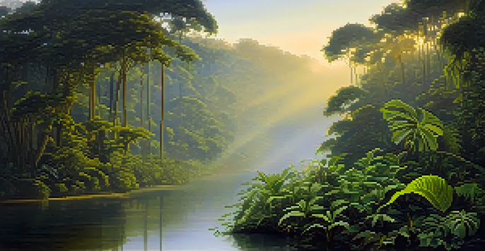 A peaceful Amazonian scene at dawn with a misty river and lush greenery, including the Banisteriopsis caapi vine and Psychotria viridis plants.