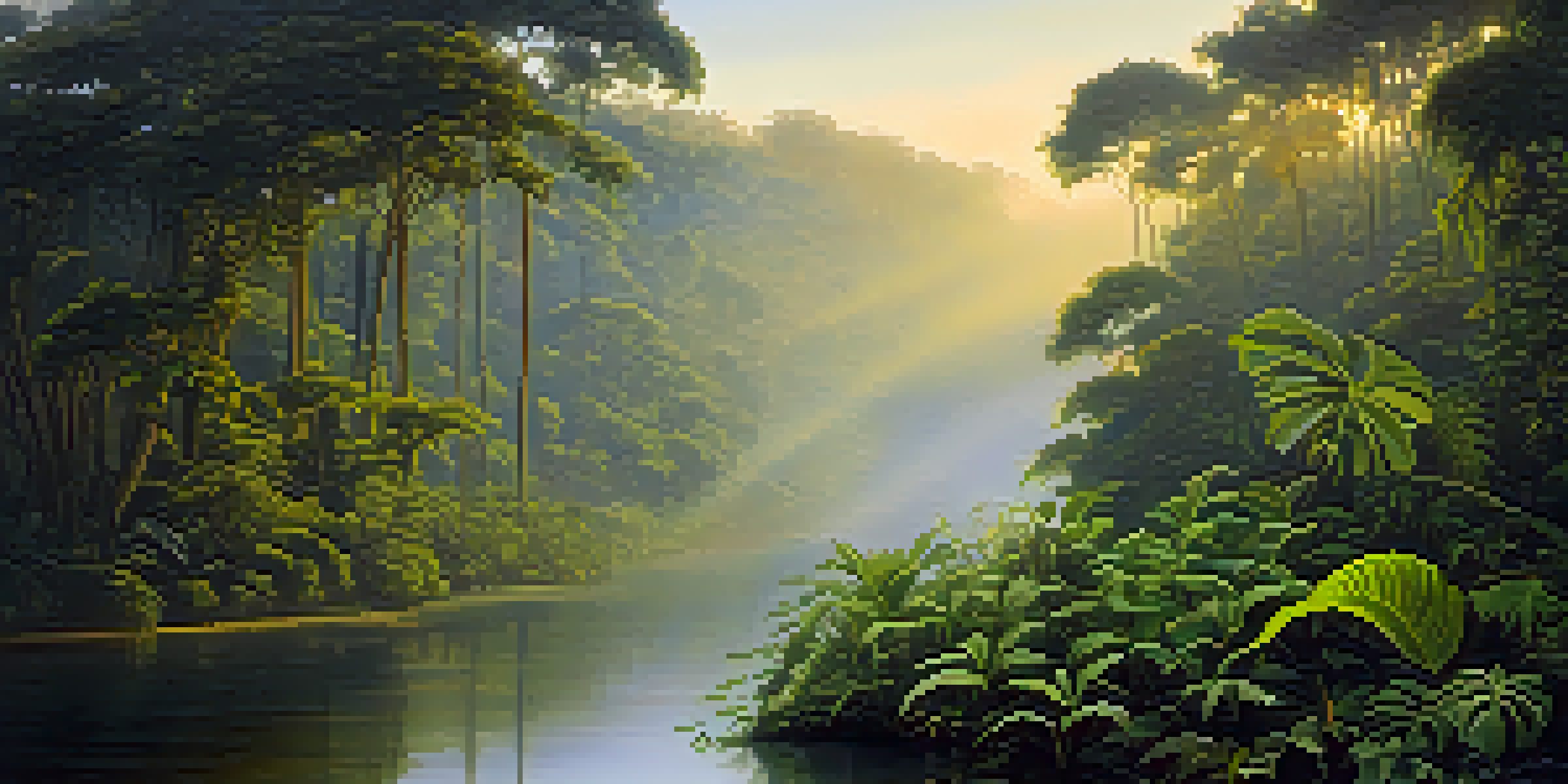 A peaceful Amazonian scene at dawn with a misty river and lush greenery, including the Banisteriopsis caapi vine and Psychotria viridis plants.