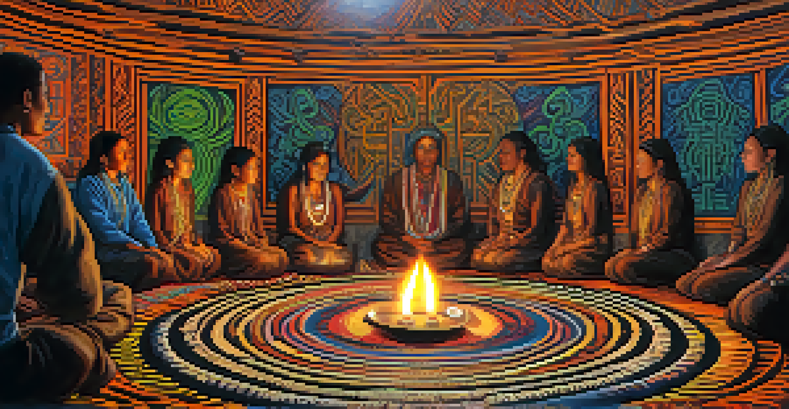 A close-up view of participants in an ayahuasca ceremony seated in a circle, surrounded by candles and indigenous patterns, showing expressions of introspection.