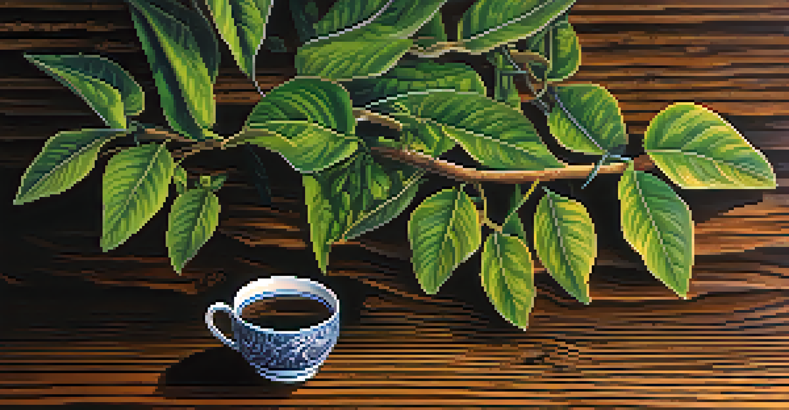 A close-up of the Banisteriopsis caapi vine and Psychotria viridis leaves on a wooden table, with warm natural light highlighting their textures.