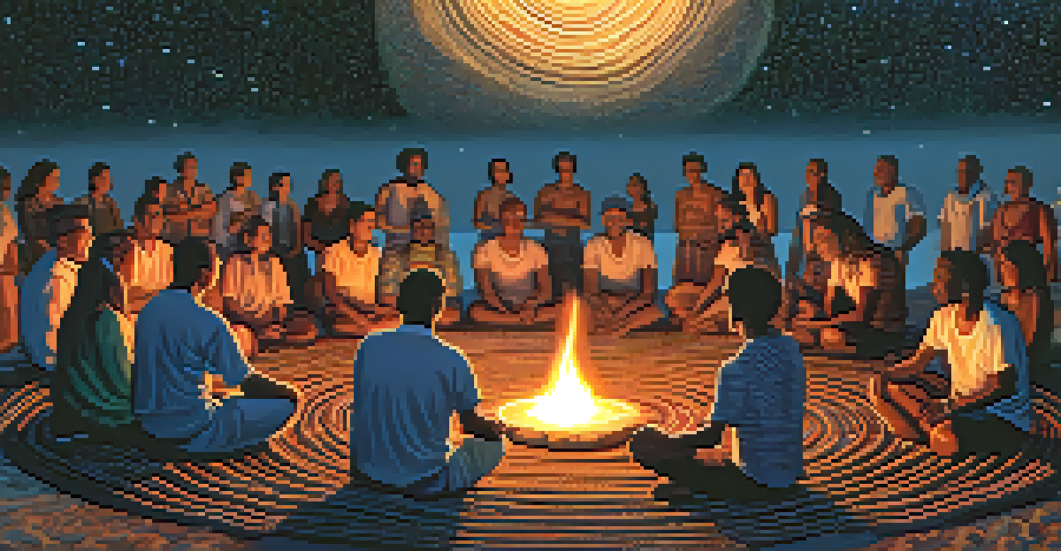 A diverse group of individuals engaged in an Ayahuasca ceremony at night, sitting in a circle around a fire under a starry sky, showing unity and spiritual connection.