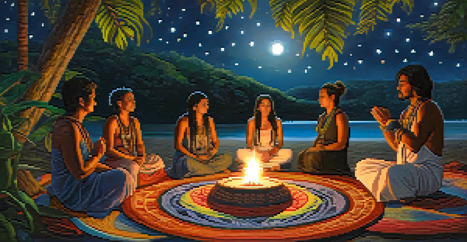 Participants in an ayahuasca ceremony under a starry sky, with a shaman leading the ritual and colorful lights illuminating the scene.
