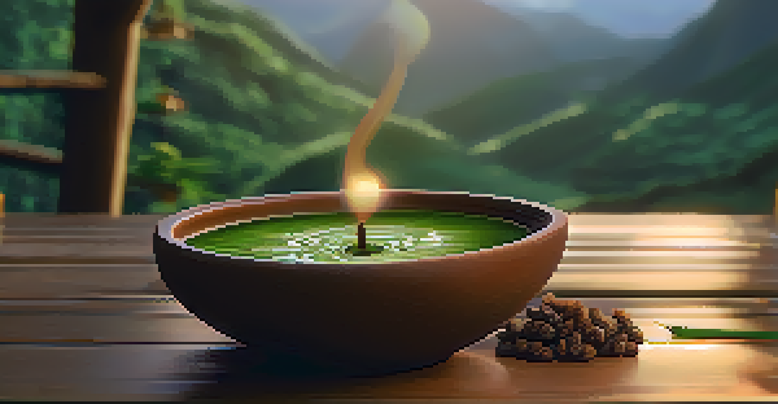 A close-up of ayahuasca brew in a clay cup on a wooden table with soft greenery and candles in the background.