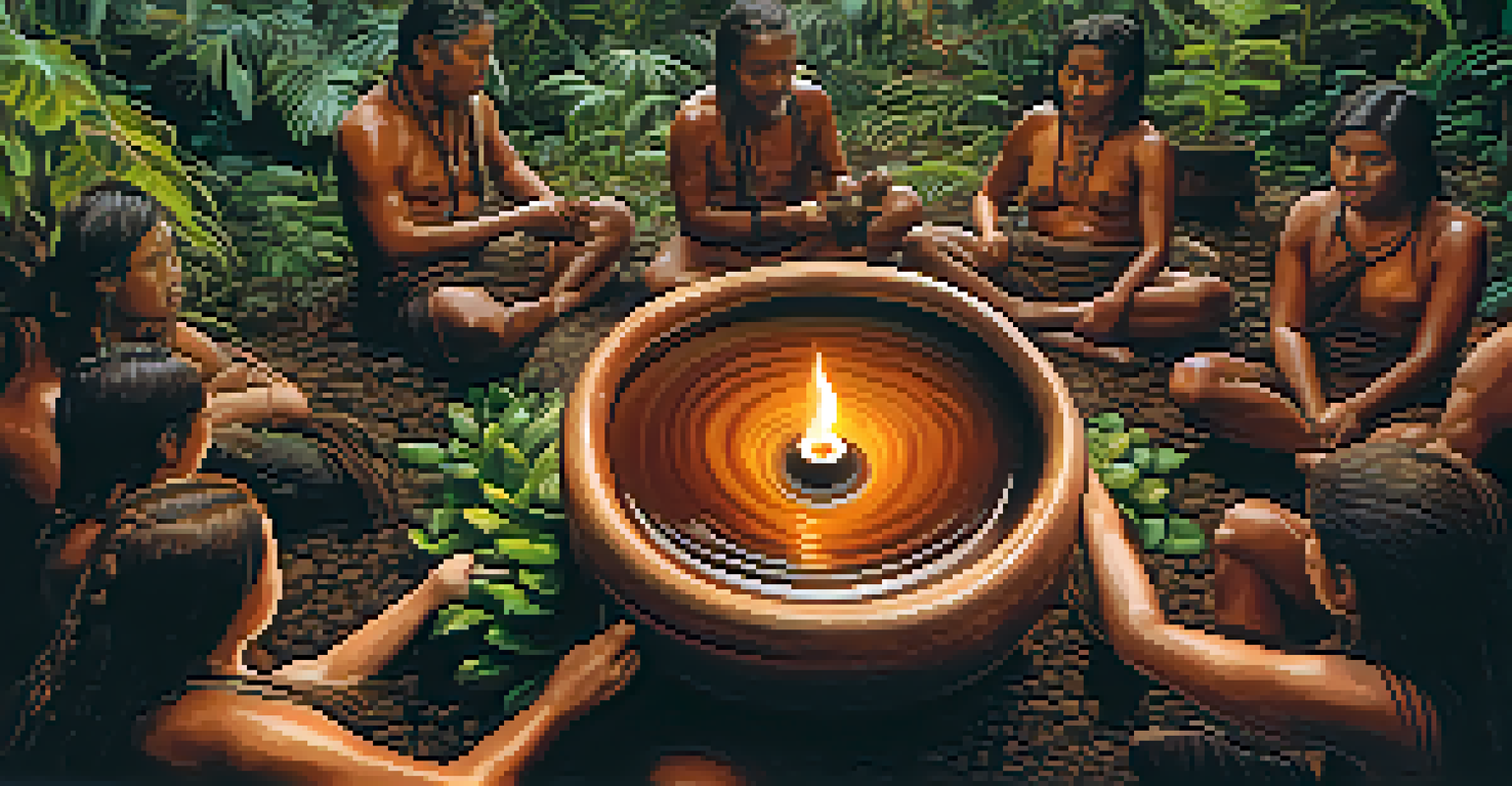 A close-up of Ayahuasca brew in a ceramic cup, surrounded by Amazonian plants, with blurred participants in the background.
