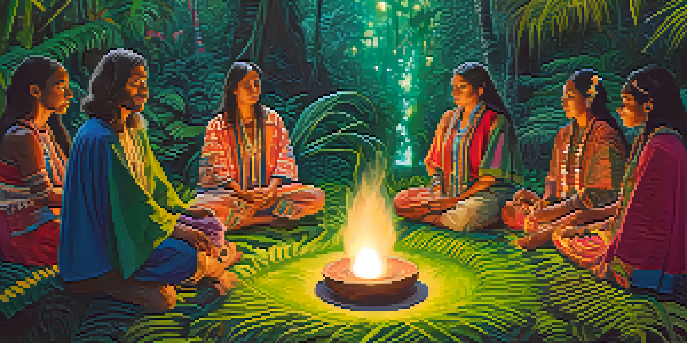 Participants sitting in a circle around a fire in a lush jungle during an Ayahuasca ceremony, surrounded by vibrant greenery and illuminated by soft light.