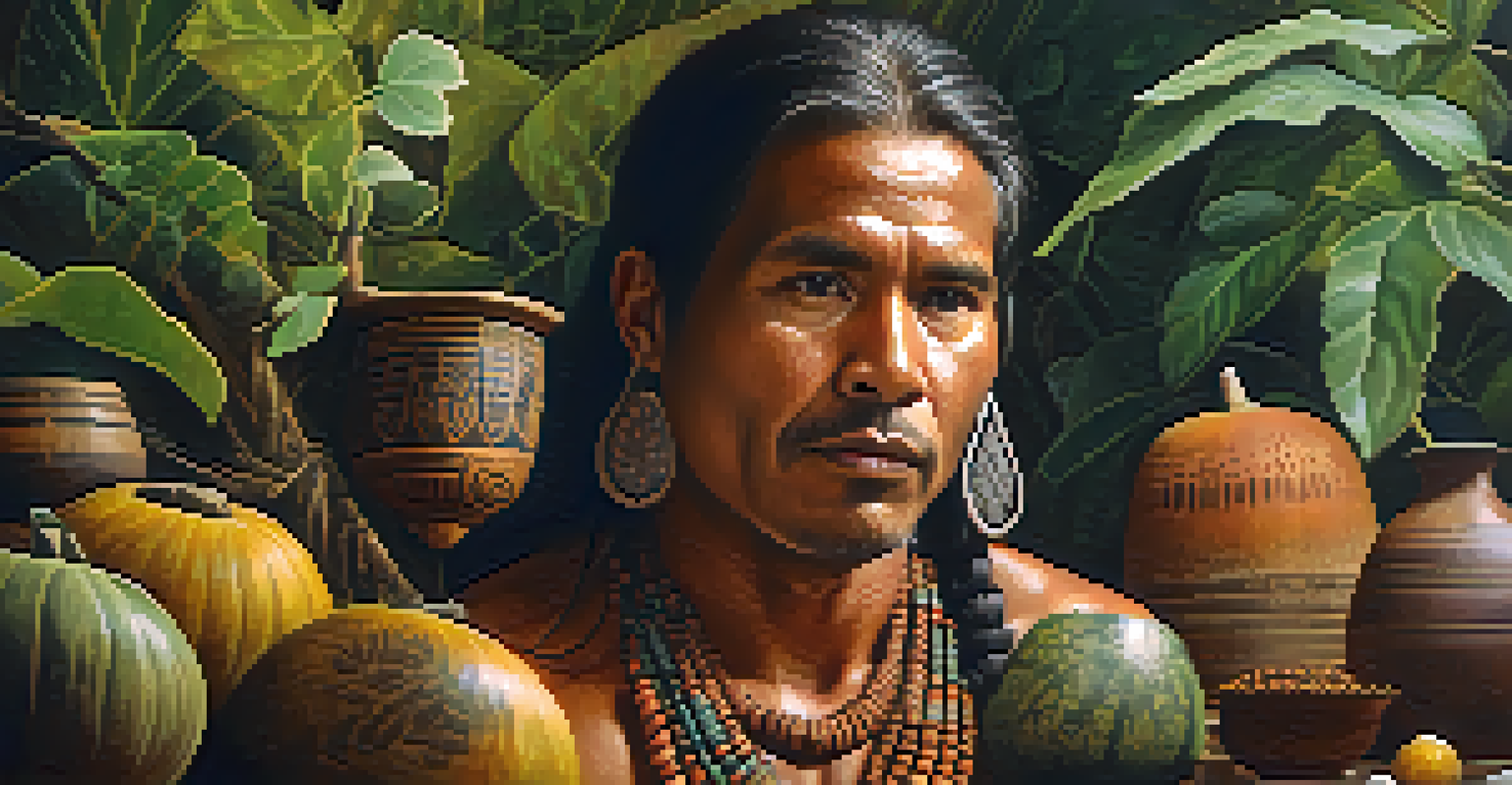A close-up of a shaman mixing Ayahuasca in a gourd, surrounded by greenery and natural light.