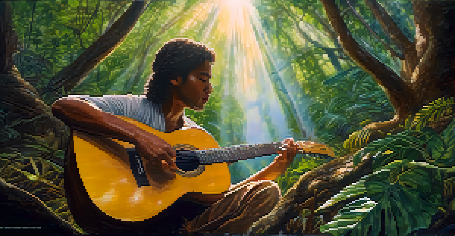 A close-up of a hand playing guitar during an Ayahuasca ceremony with participants in the background.