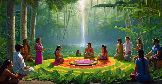 An outdoor Ayahuasca ceremony in a lush rainforest with participants sitting in a circle surrounded by trees and flowers.