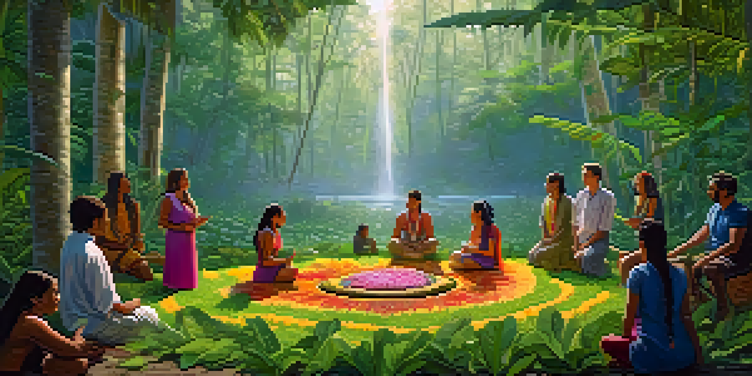 An outdoor Ayahuasca ceremony in a lush rainforest with participants sitting in a circle surrounded by trees and flowers.