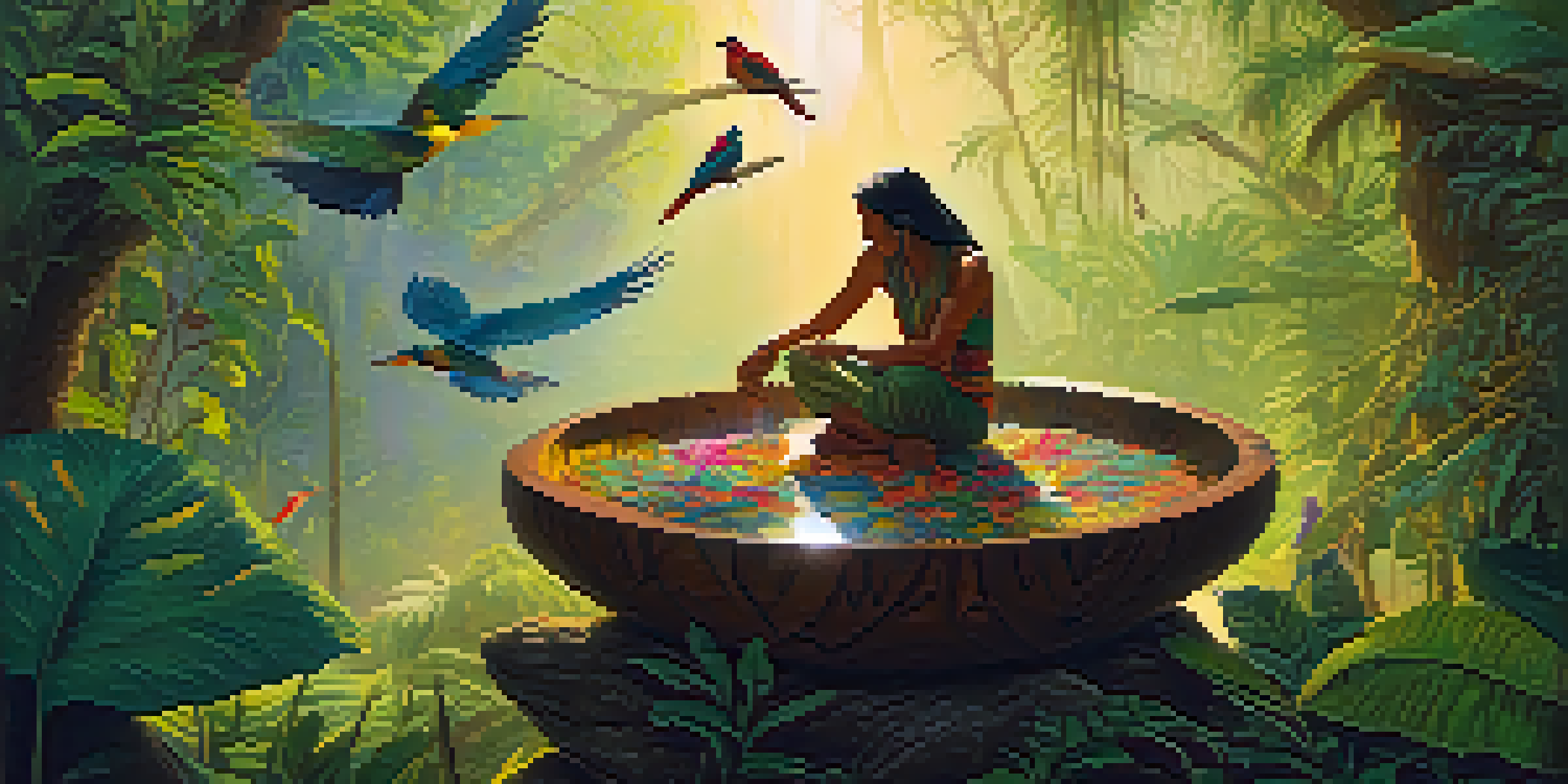 A peaceful Amazon rainforest at dawn with a shaman preparing ayahuasca, surrounded by lush vegetation and vibrant flowers under soft golden light.