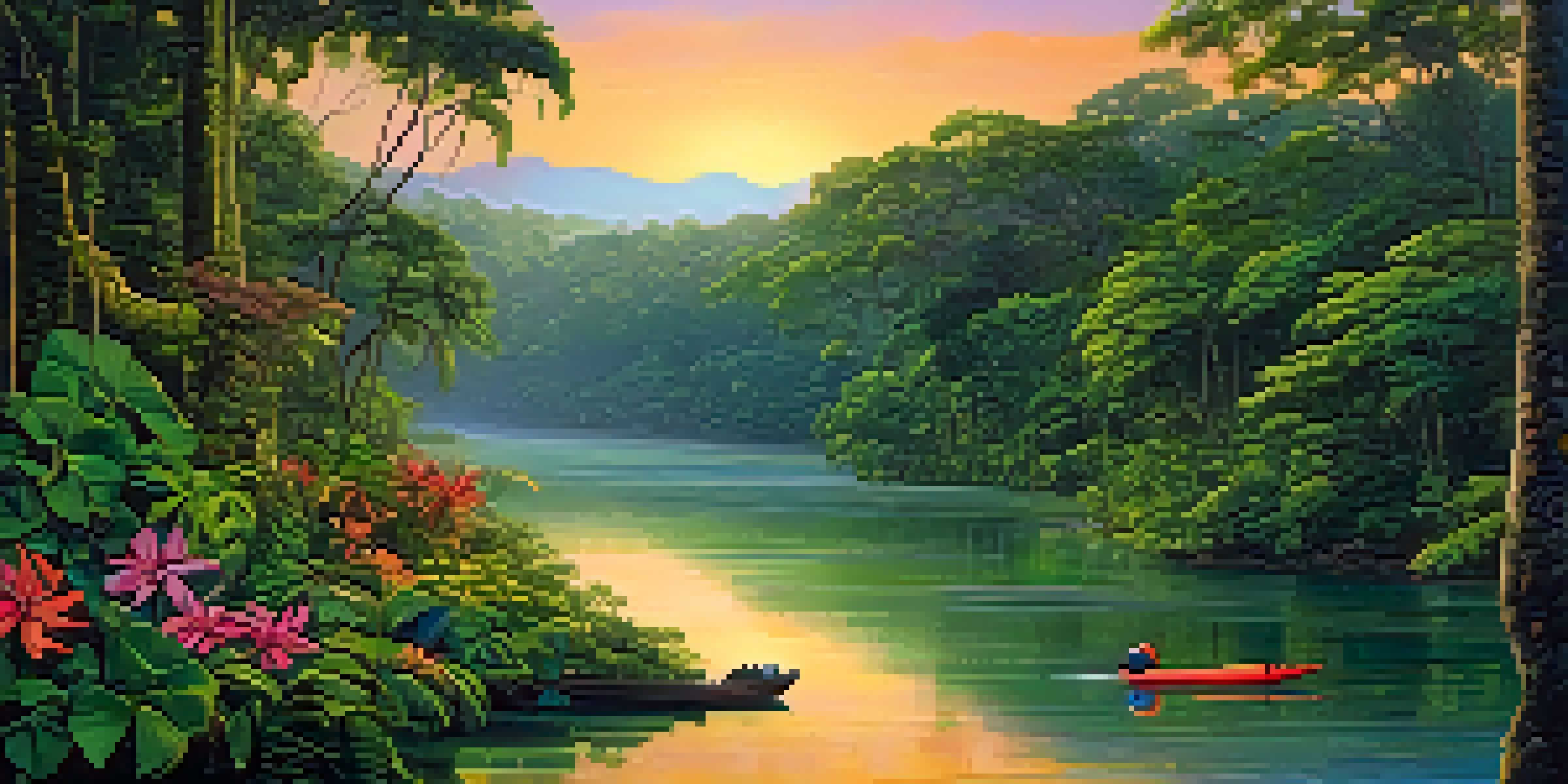 A peaceful Amazon rainforest at dusk with vibrant flowers and a reflective river, featuring swirling patterns of light above the water.