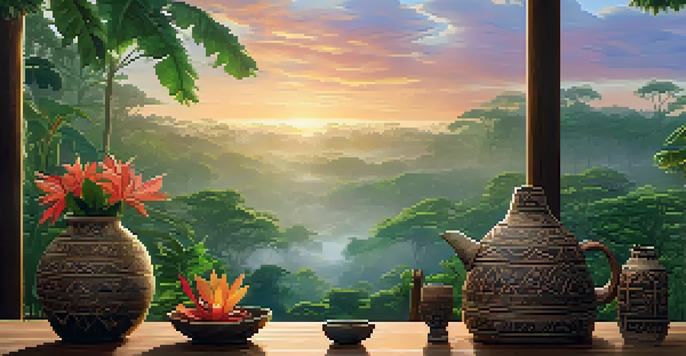 A peaceful Amazon rainforest at dawn with mist, featuring a ceremonial ayahuasca brew and tropical flowers.