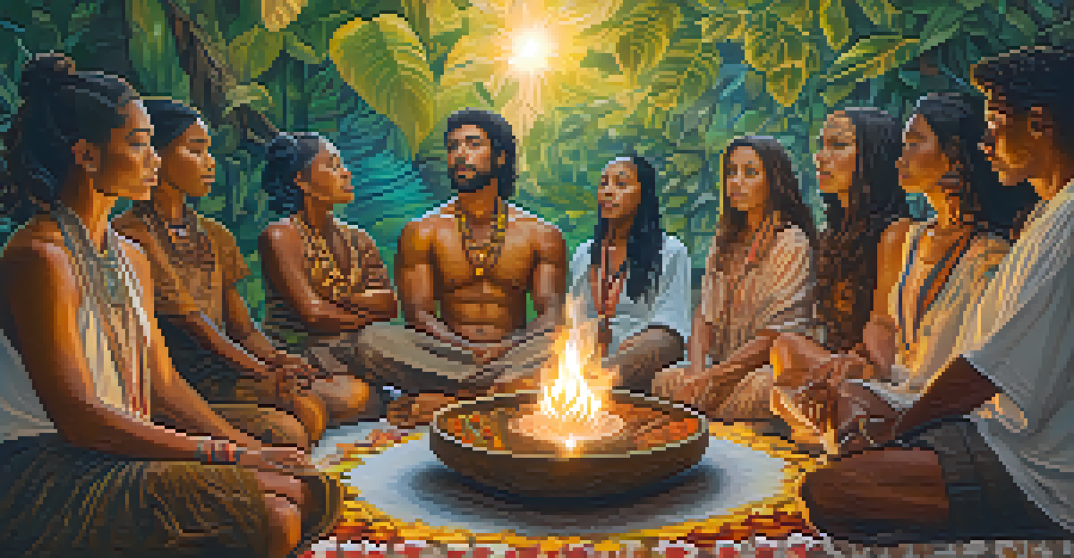A collage of diverse individuals in reflective poses, surrounded by warm light and ethereal elements after an Ayahuasca ceremony.