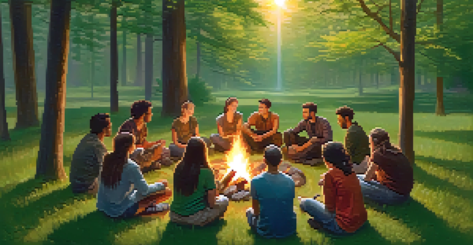 A diverse group of people sitting in a circle in a forest, sharing stories around a campfire, with sunlight filtering through the trees.