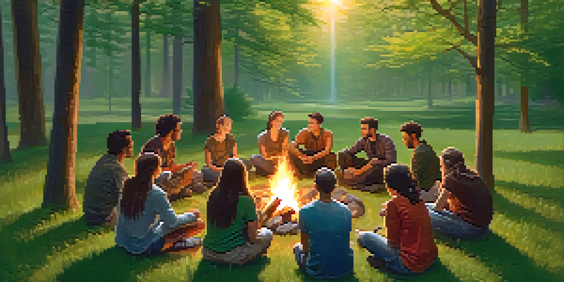 A diverse group of people sitting in a circle in a forest, sharing stories around a campfire, with sunlight filtering through the trees.