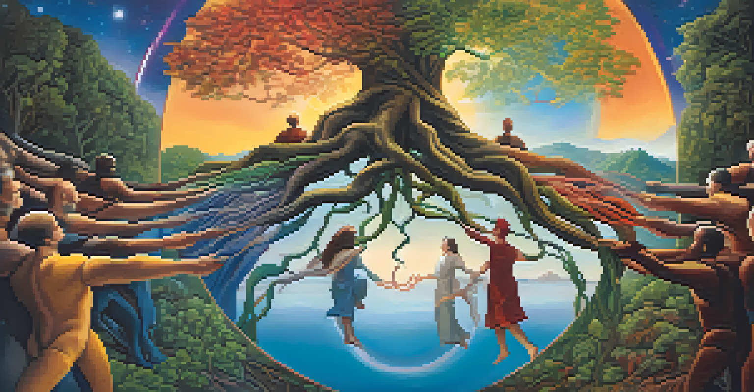 A diverse group of people holding hands in a circle with roots and vines around them, set against a vibrant and surreal cosmic landscape.