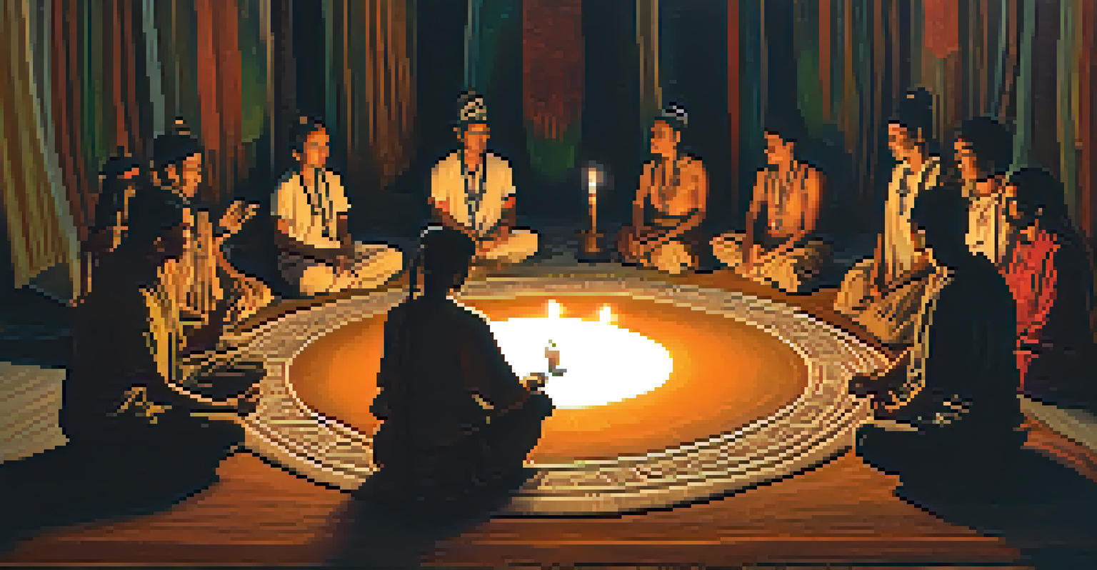 A cozy ayahuasca ceremony depicted in a dimly lit room with participants sitting in a circle and a shaman guiding them.