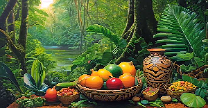 A tranquil Amazon rainforest with lush greenery, featuring a traditional gourd of Ayahuasca surrounded by colorful flowers and illuminated by soft sunlight.