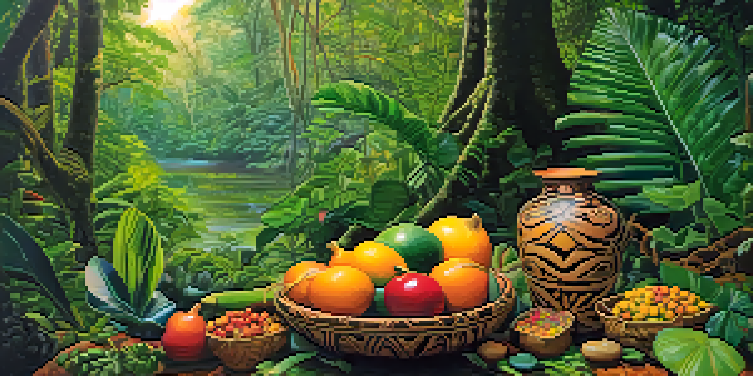 A tranquil Amazon rainforest with lush greenery, featuring a traditional gourd of Ayahuasca surrounded by colorful flowers and illuminated by soft sunlight.