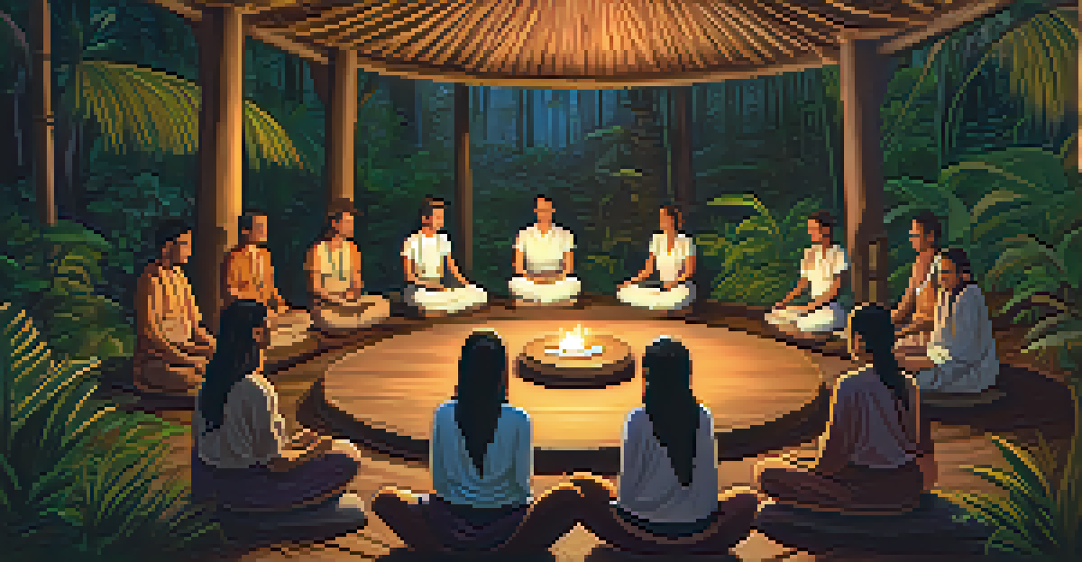 A cozy Ayahuasca ceremony setting with wooden benches, candles, and plants, illuminated by warm candlelight.