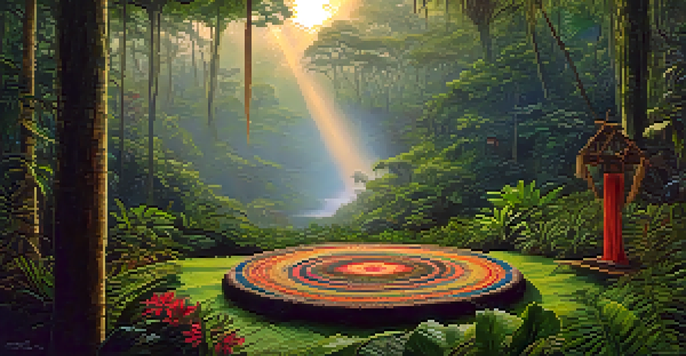 A peaceful Amazon rainforest at dawn, featuring a traditional Ayahuasca ceremony setup with woven mats and a wooden altar, surrounded by lush greenery and soft sunlight.