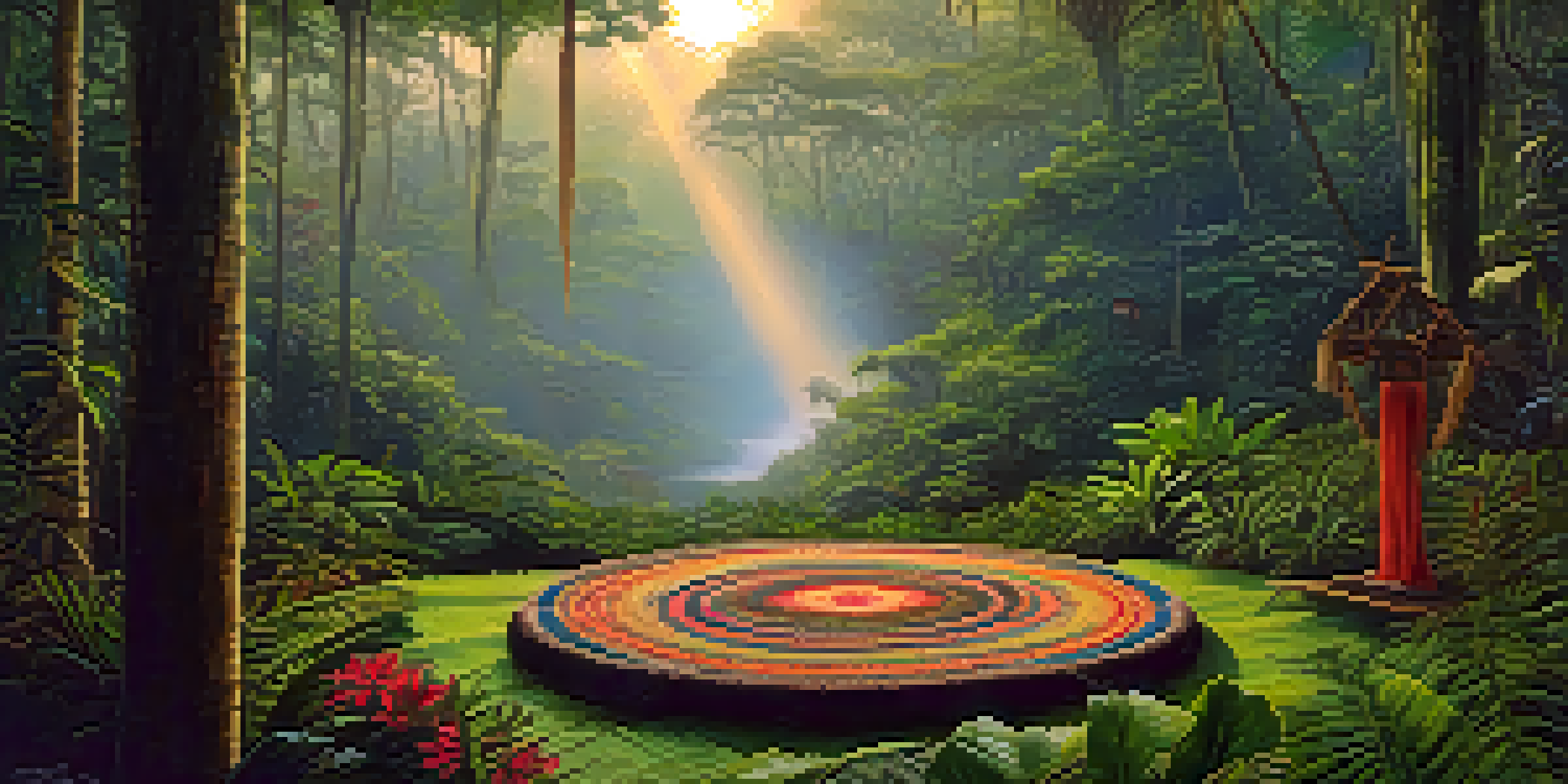 A peaceful Amazon rainforest at dawn, featuring a traditional Ayahuasca ceremony setup with woven mats and a wooden altar, surrounded by lush greenery and soft sunlight.