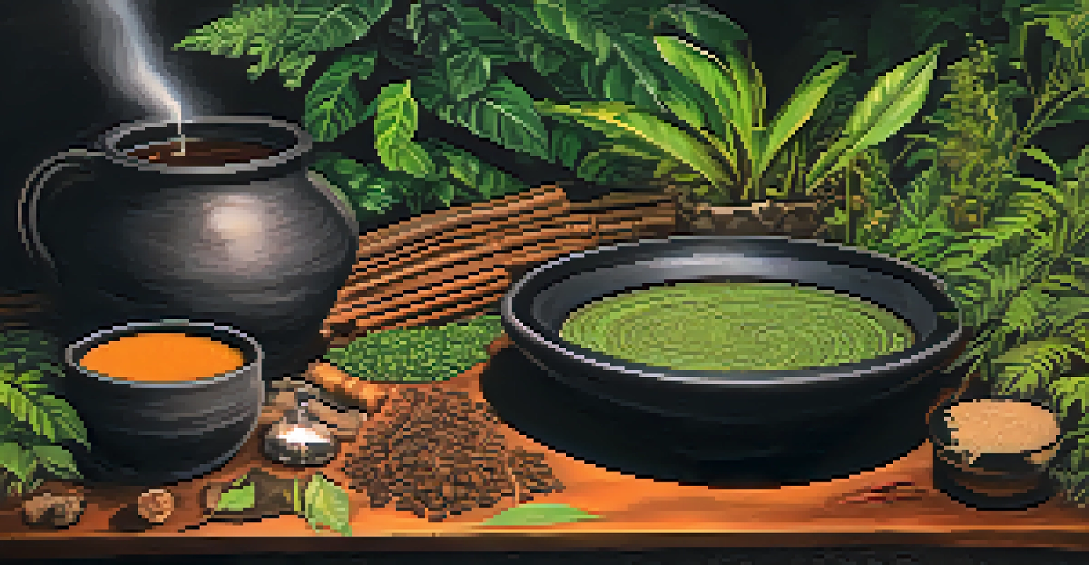 A close-up of ayahuasca brew in a rustic bowl, surrounded by herbs and plants, with soft natural light in the background.