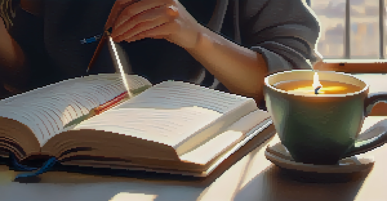 A person journaling intentions with a candle and tea, promoting mindfulness.