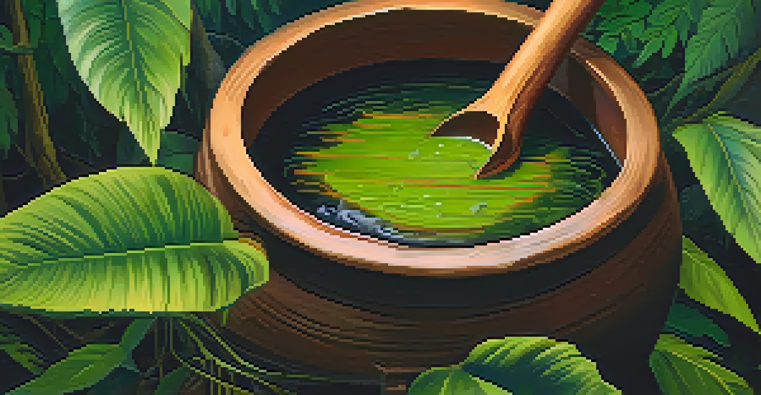 A detailed close-up of Ayahuasca brew preparation, featuring a clay pot with dark liquid and natural ingredients like leaves and roots, set against a lush Amazon backdrop.