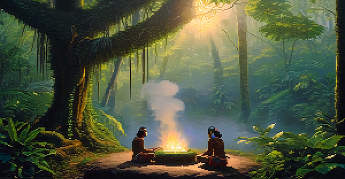 A peaceful Amazon rainforest at dawn, with mist and a ceremonial setup for Ayahuasca, including cushions and a shaman preparing the brew.