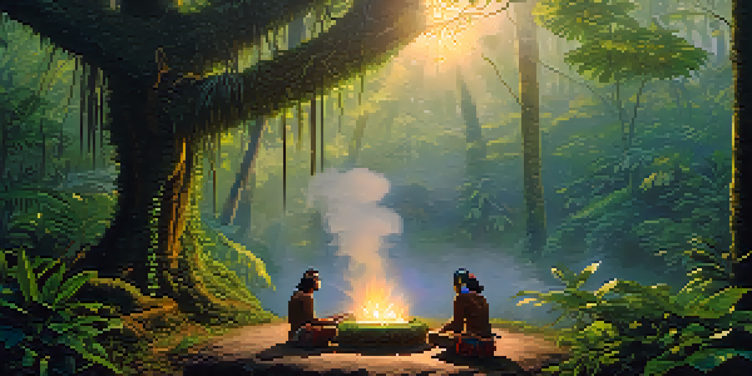 A peaceful Amazon rainforest at dawn, with mist and a ceremonial setup for Ayahuasca, including cushions and a shaman preparing the brew.